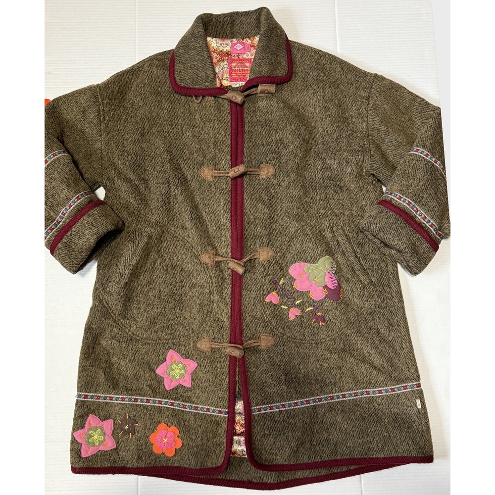 OILILY - Women's Brown Wool Flower Embroidered Coat Jacket - Size 42 - Picture 10 of 13